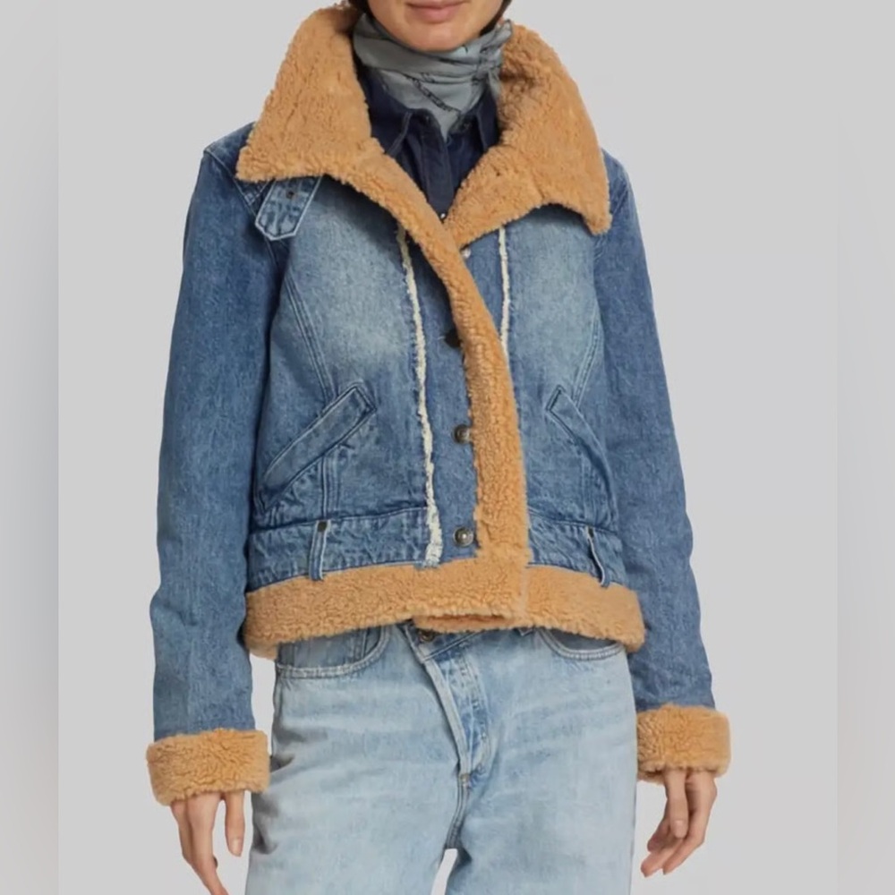 Free People We The Free Rylee Cozy Moto Jacket Denim Shearling Blue Tan XL - Picture 11 of 15